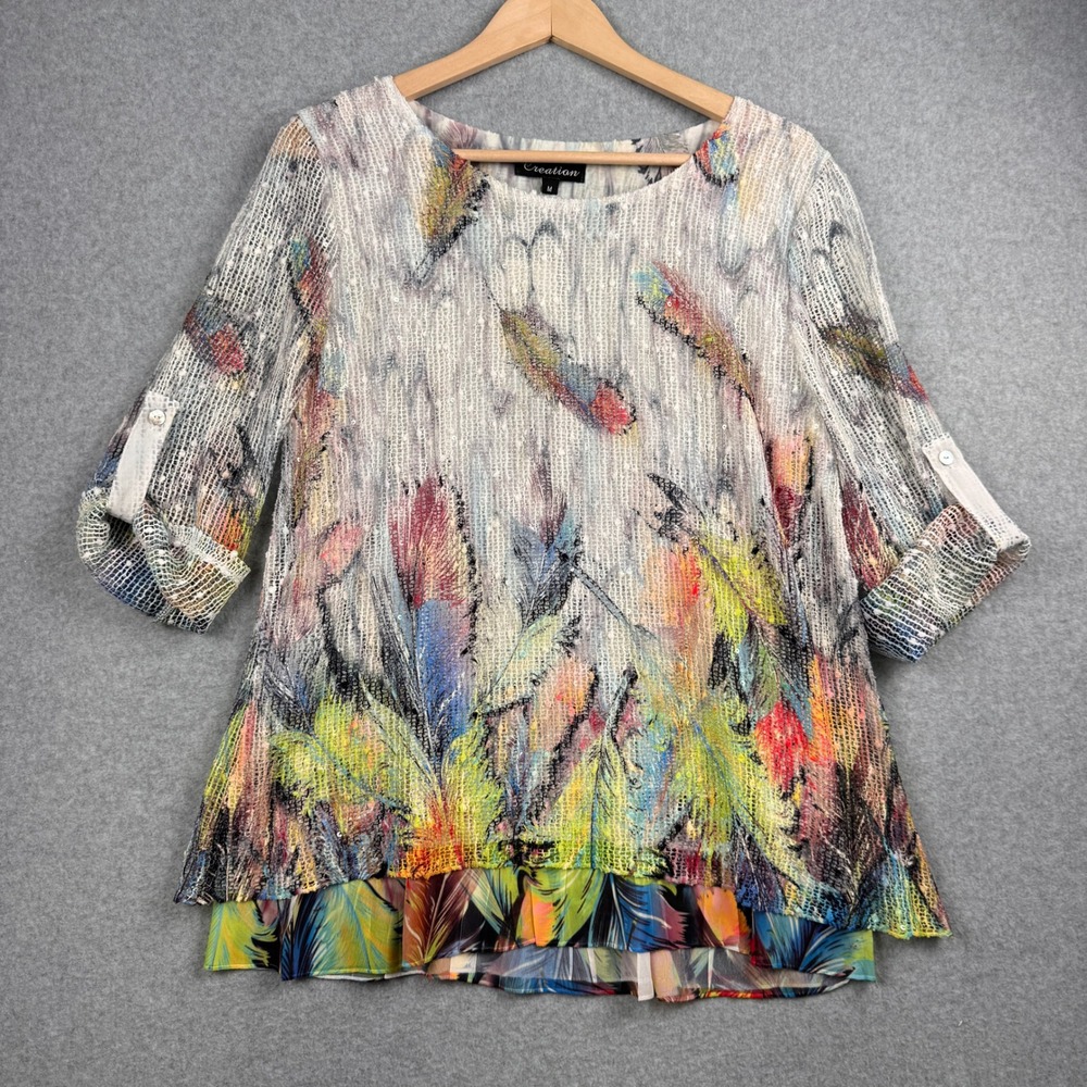 Creation Top Womens Medium Rainbow Feather Sequin Roll Tab Mesh Artsy Tunic NEW
